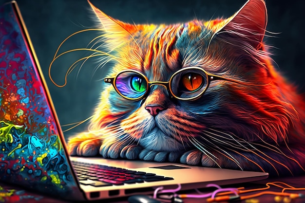 Foto primo piano di un simpatico gatto luminoso con gli occhiali a una scrivania con un computer portatile ia generativa