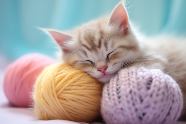 Closeup cute cat and pastel yarn roll on blurred soft background