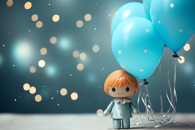 closeup cute doll with balloon on soft blue bokeh background with copy space