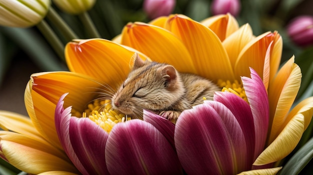 closeup of a cute fluffy harvest mouse sleeping inside a tulip flower