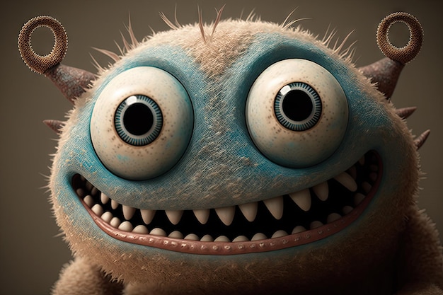 Closeup of cute funny monsters face with its big eyes and huge smile