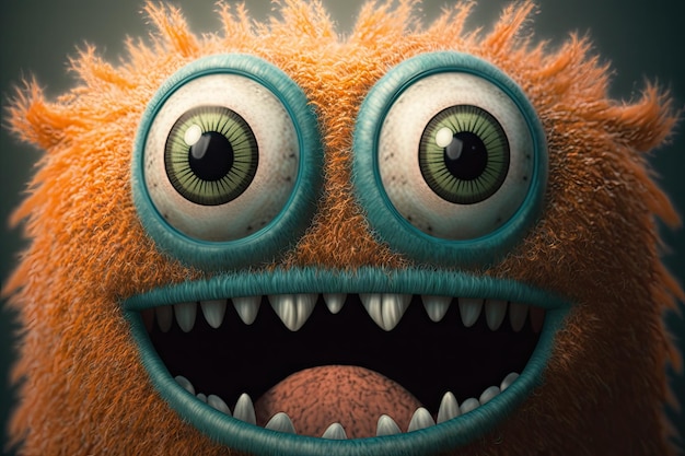큰 눈과 큰 미소로 귀여운 재미있는 괴물 얼굴의 근접 촬영