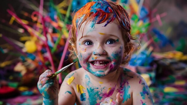 Closeup of cute kid full of paint