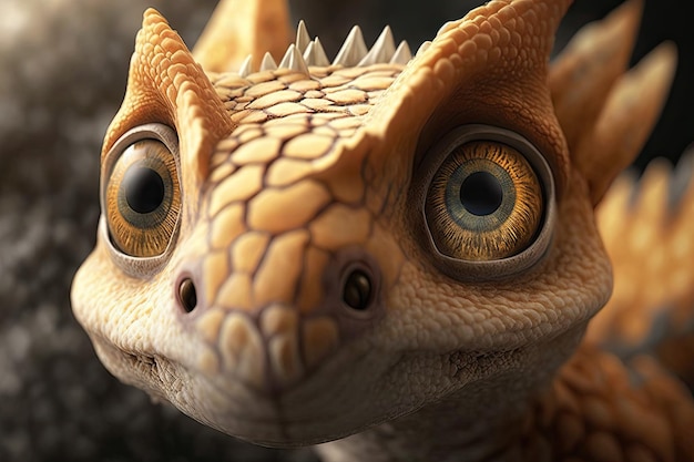 Closeup of cute little dragons face with its eyes and nostrils visible