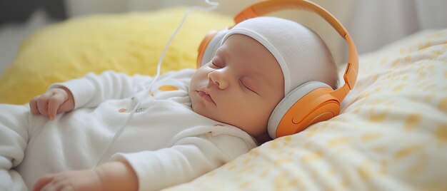 Photo closeup of cute little sleeping newborn infant baby in headphones listen to relaxing music