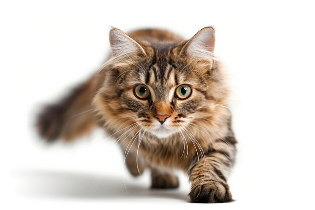 Closeup of a cute persian cat walking on a white background