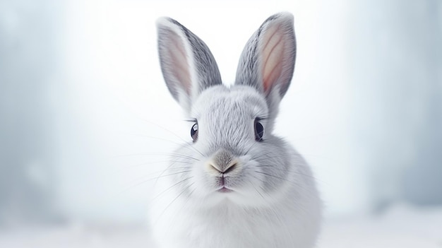 Closeup of a cute rabbit in a white scene Turn to look at the front