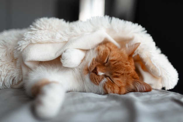 ベッドの上の暖かい毛布の下で眠っているかわいい赤白猫のクローズアップ