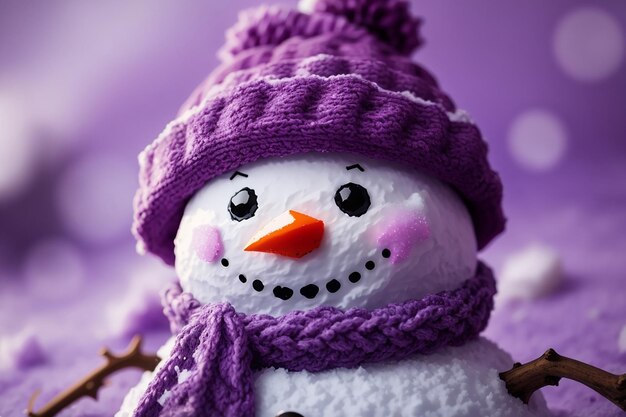 Photo closeup of a cute snowman in the purple surface