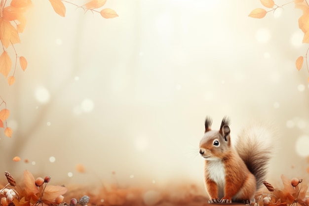 Photo closeup cute squirrel on blurred soft brown and white background for cute design