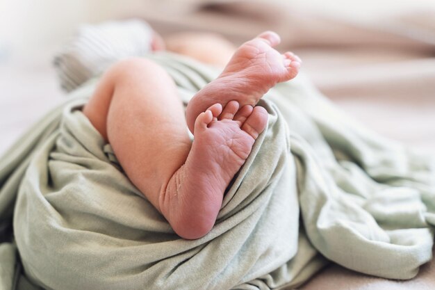 Closeup cute tiny newborn baby feet in soft green blanket wrap