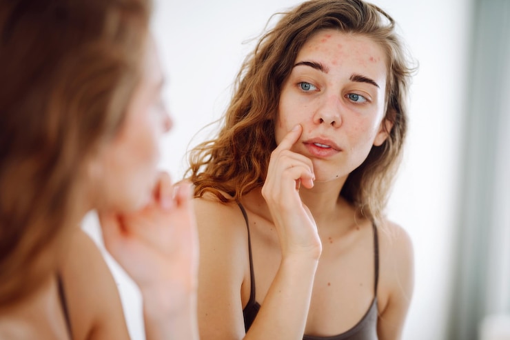 Photo 皮膚に問題がある可愛い女性が鏡を見ているクローズアップ 皮膚学概念 アレルギー