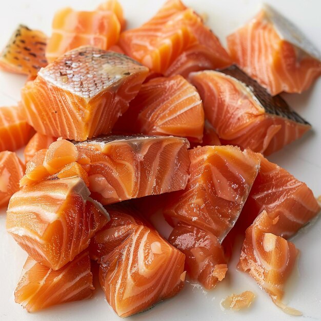 A closeup of a cutting board with pieces of raw salmon