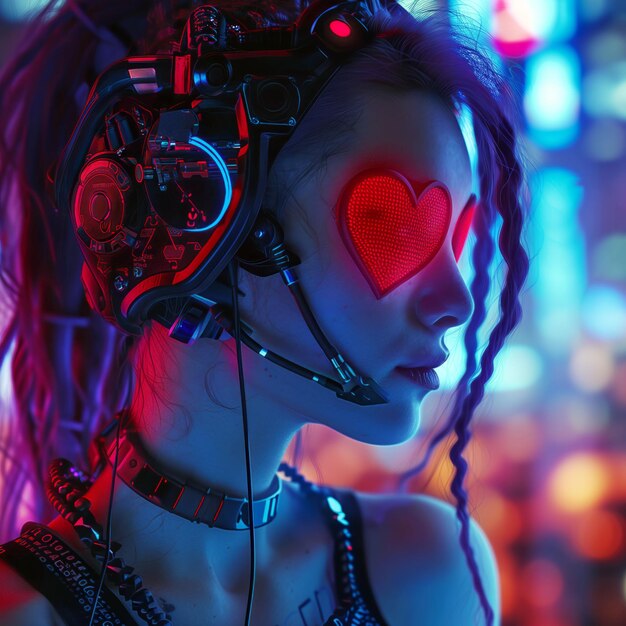 Closeup of a cyber woman with a heartshaped visor neon glow illuminating her face