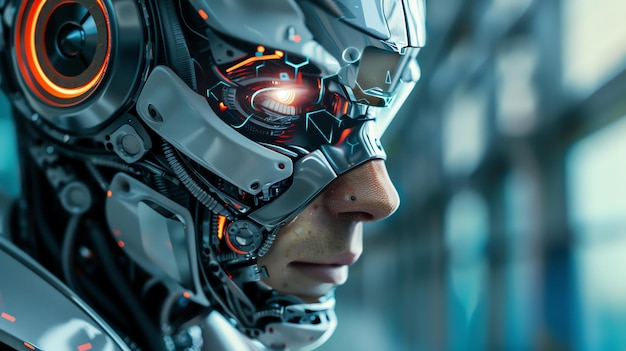 A closeup of a cyborgs face The cyborg has a metallic mask with a glowing red eye It is looking at the viewer with its one visible eye