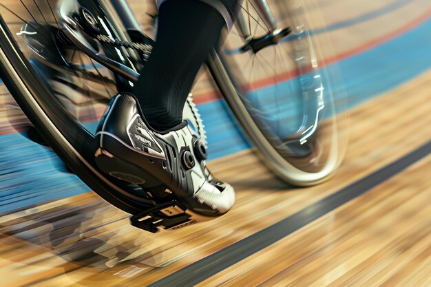 Photo closeup of cyclists foot clipped into pedals during olympic velodrome race highlighting precision and professional cycling gear