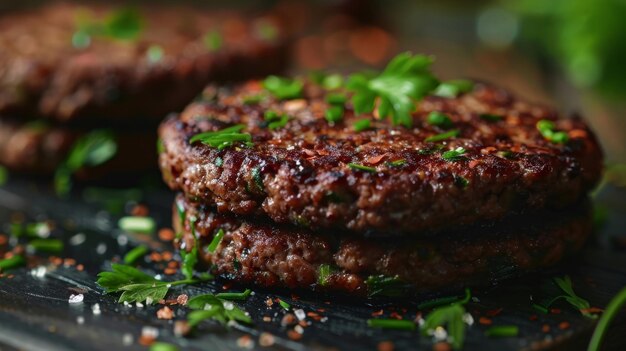 Photo closeup of a d printed hamburger patty made from a mixture of plant proteins and cooked to