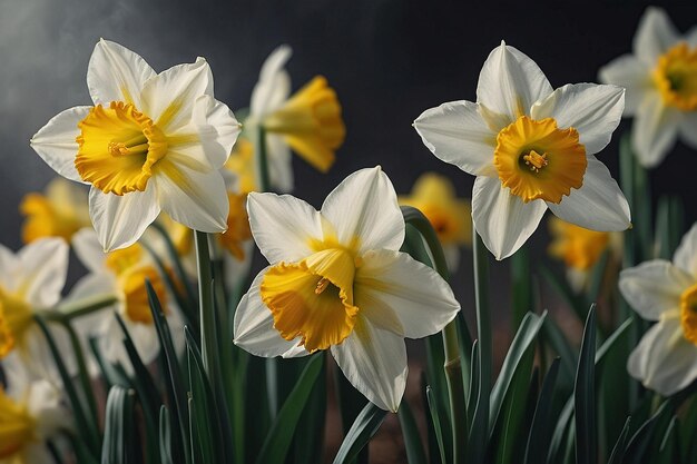 Closeup of daffodil blooms swaying in the gentle breeze a dance of springtime elegance