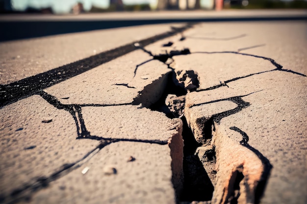 Photo closeup of damaged road surface with broken concrete and rebar visible