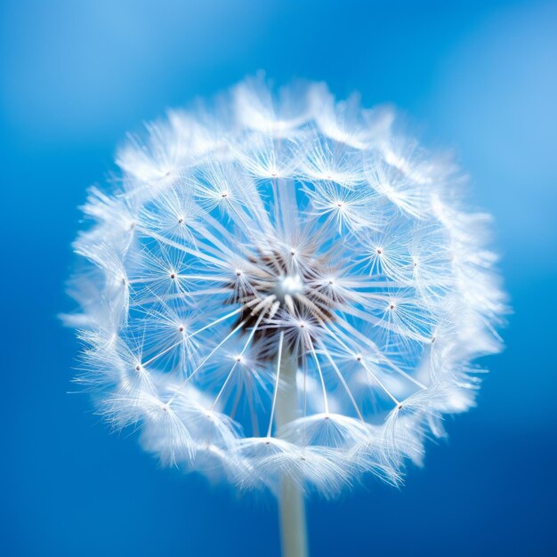 Closeup of a dandelion flower against a blue background