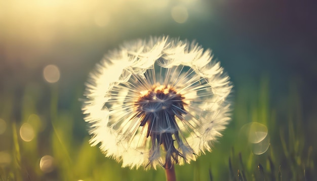 Closeup of a dandelion seed head backlit by the warm glow of a setting sun