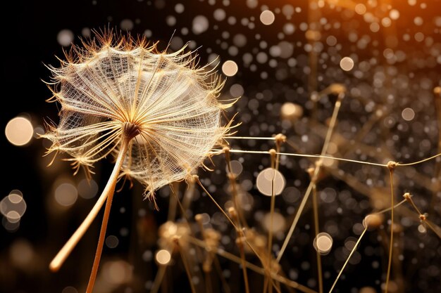 Closeup of a dandelion seed head with a butterfly fluttering nearby