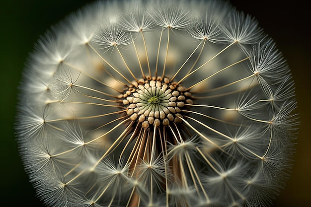 Closeup of dandelion seed head with individual seeds visible