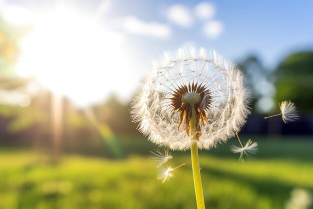 Photo closeup of a dandelion seedhead in the breeze spring image