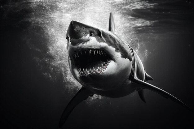 Photo closeup of a dangerous shark swimming deep underwater shot in grayscale