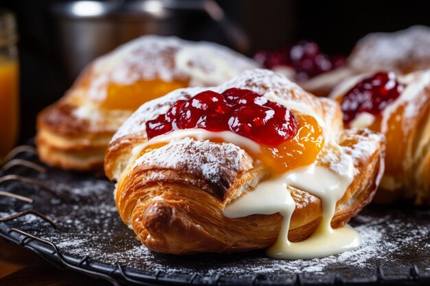 Foto close-up di pasticcini danesi riempiti di marmellata di mirtillo