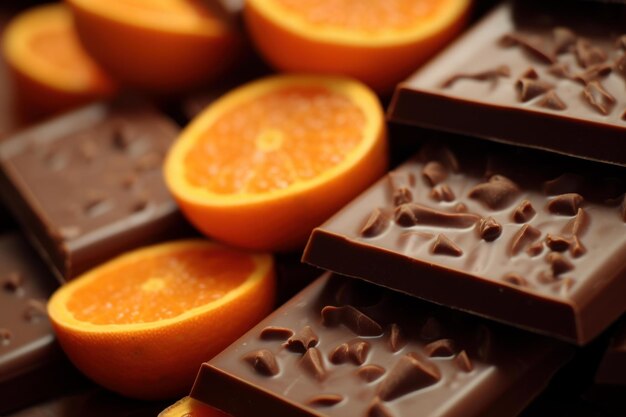 Photo closeup of dark chocolate chunks with fresh orange slices