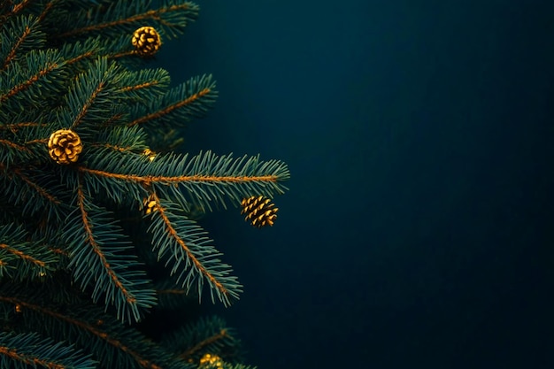 側面に金色のクリスマス装飾が付いた濃い緑の松の枝のクローズアップ