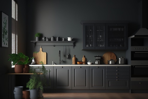 Closeup of a dark kitchen room with a grey empty wall a sink a stove a spoon and a desk modern minimalist architecture