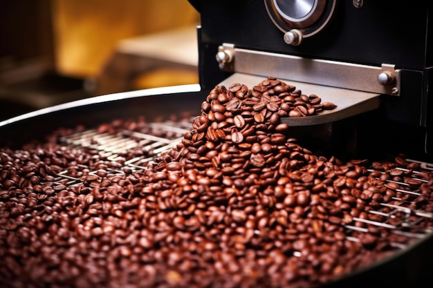 Closeup of dark roasted beans against roasting machine