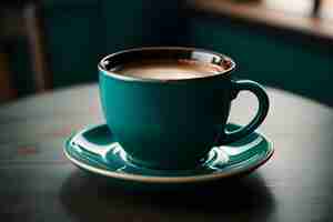 Photo closeup of a dark teal ceramic coffee cup full of black coffee placed on a matching saucer