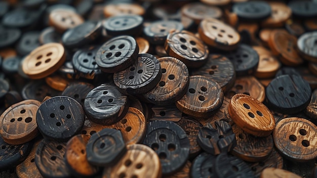 CloseUp of Dark Wooden Buttons for Sewing