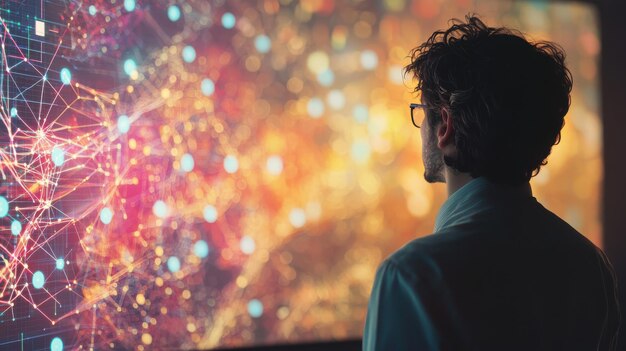 एक डेटा वैज्ञानिक का क्लोजअप एक बड़ी स्क्रीन पर जटिल तंत्रिका नेटवर्क पैटर्न को विज़ुअलाइज़ करता है जो रंगीन ग्राफ और जटिल डेटा बिंदुओं से घिरा हुआ है जो दृश्य नरम परिवेश प्रकाश से प्रकाशित होता है