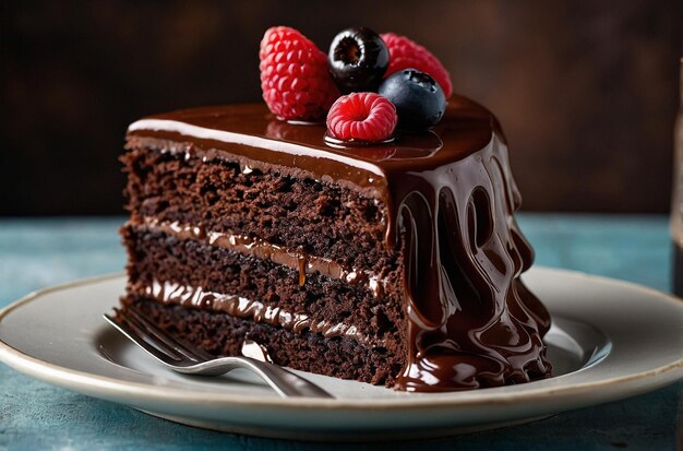 Closeup of a decadent chocolate layer cake with glossy ganache icing