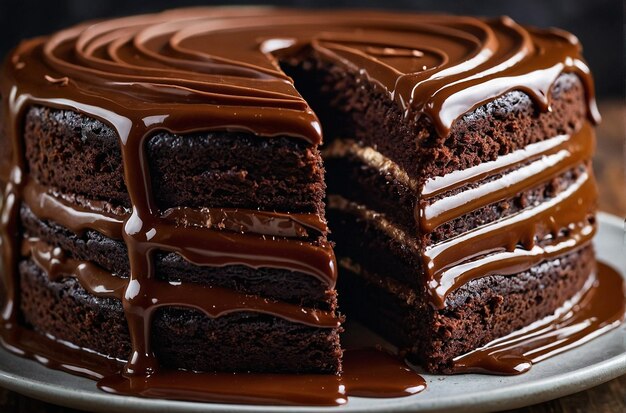 Closeup of a decadent chocolate layer cake with glossy ganache icing