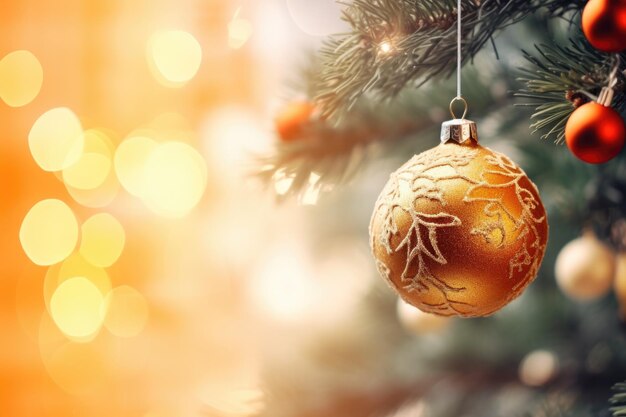 装飾されたクリスマスツリーのクローズアップ ⁇ カラフルなバブルと輝くホリデーボケの杉の木