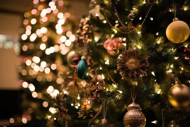 Closeup of decorated christmas tree with lights and ornaments