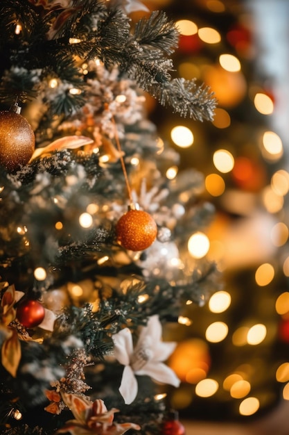 Крупный план украшенной рождественской елки с мерцающими огнями, созданный с помощью генеративного ИИ