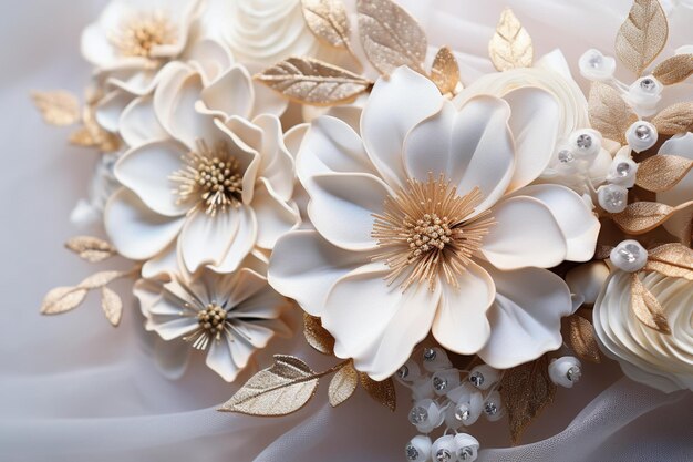 Closeup of a decorative floral detail on the wedding accessories