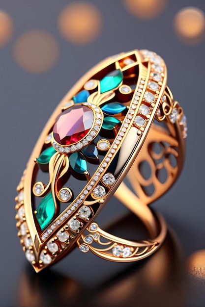 Closeup of decorative jewelry broach Antique luxury diamond and gold ring