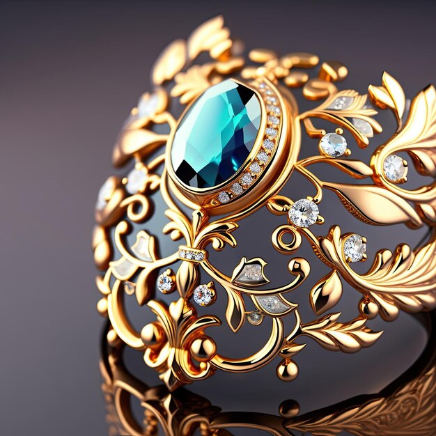 Closeup of decorative jewelry broach Antique luxury diamond and gold ring