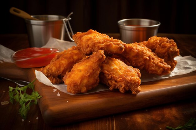 Closeup on deep fried chicken wings with ketchup on the wooden board