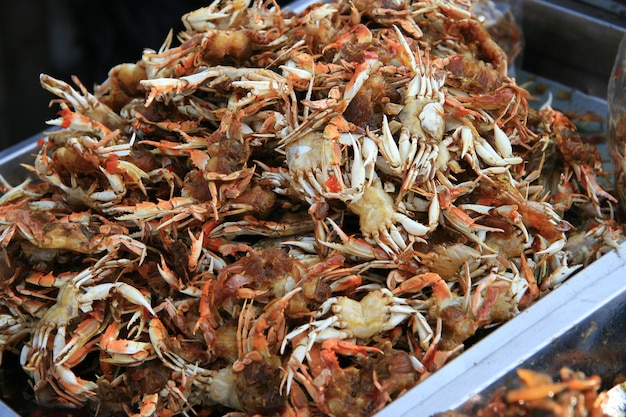 Closeup of deep fried small crabs, focus selective.