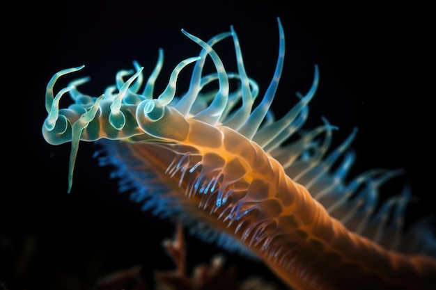 Foto primo piano di creature di acque profonde pinne e tentacoli luminosi creati con intelligenza artificiale generativa