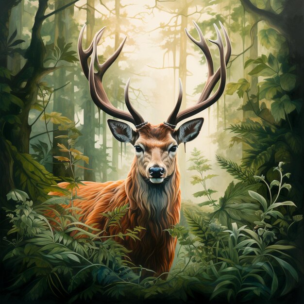 Closeup of a deer in the forest against a backdrop of green foliage