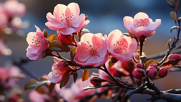 Photo closeup of a delicate cherry blossom branch with pink flowers against a pink and blue background with space for text in spring nature